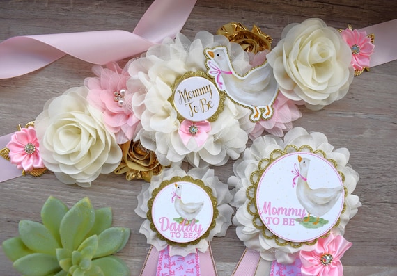 Girl Silly Goose Baby Shower, Goose Maternity Belly Sash, Ivory Pink Gold Mommy To Be Ribbon Pin, Goose Daddy To Be Pin, Family Custom Pins