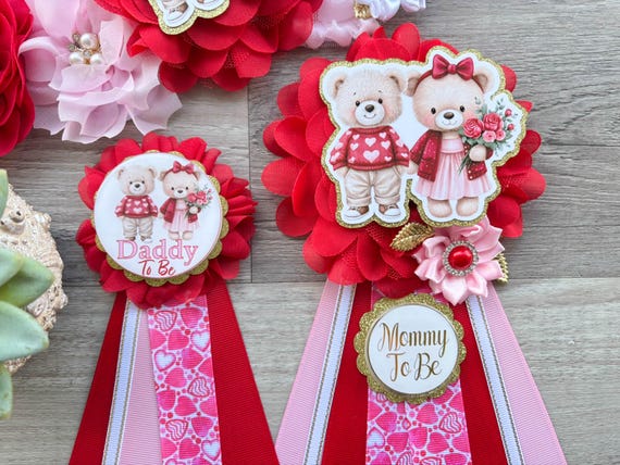 Gender Reveal Valentine Baby Shower, Little Bear Sweetheart Maternity Sash, Red Pink Heart Mommy To Be Pin, Daddy To Be Pin, Custom