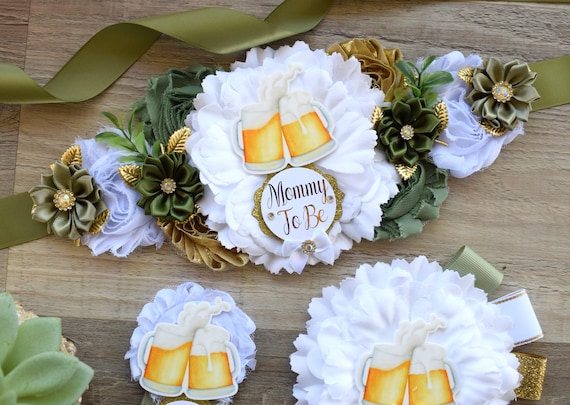 A Baby Is Brewing Baby Shower, Black White Gold Maternity Sash, Beer Mommy To Be Pin, Brewing Daddy To Be Pin, Gender Reveal Baby Shower