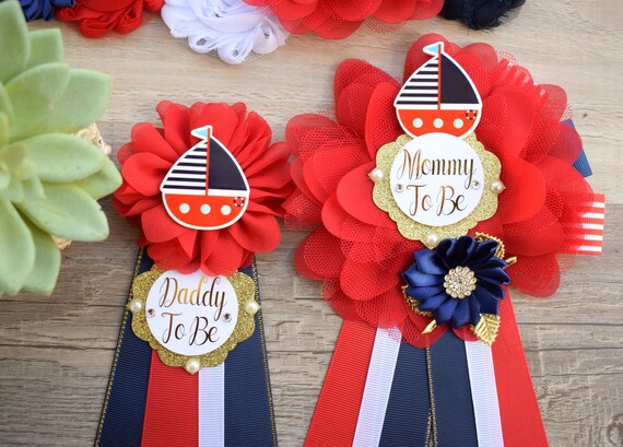 Boat Nautical Anchor Baby Shower, Boat Red Navy Blue Mommy To Be Ribbon, Ahoy Nautical Daddy To Be Pin, Nautical Daddy To Be Pin