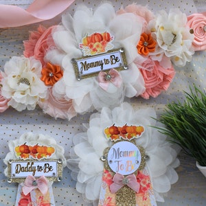 Pumpkin Baby Shower, Orange Coral Corsage Pins, Pumpkin Mommy To Be Pin, Pumpkin Daddy To Be Pin, Pumpkin Baby Shower Gift, Fall Baby Shower