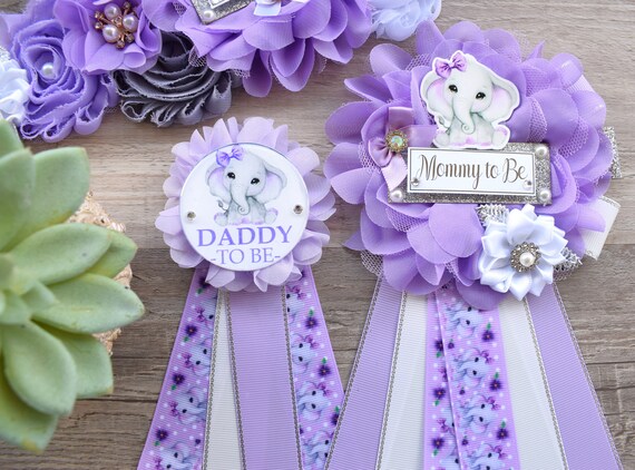 Lavender Elephant Baby Shower, Lavender Elephant Maternity Sash, Purple Elephant Mommy To Be Ribbon, Lilac Daddy To Be Pin, Custom