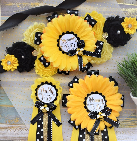 Sunflower Bumble Bee Baby Shower, Yellow Black Flower Sash and Pin, Mommy To Be, Daddy To Be, Sunflower Gender Reveal, Bumble Bee, Custom