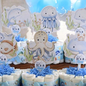 Under The Sea Mini Diaper Cake Set Baby Shower, Octopus Baby Shower Centerpieces Decorations, Boy Room Nursery Decor, New Mom Gifts - S00015
