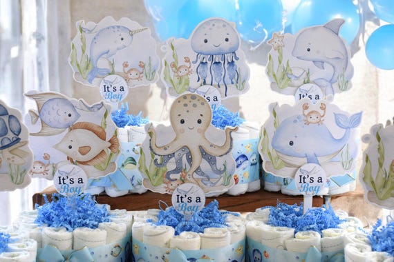 Under The Sea Mini Diaper Cake Set Baby Shower, Octopus Baby Shower Centerpieces Decorations, Boy Room Nursery Decor, New Mom Gifts - S00015