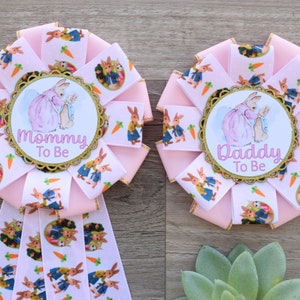 Pink Girl Rabbit Baby Shower, Easter Baby Shower, Girl Bunny Mommy to Be Ribbon Pin, Peter Daddy To Be Pin