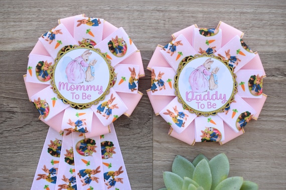 Pink Girl Rabbit Baby Shower, Easter Baby Shower, Girl Bunny Mommy to Be Ribbon Pin, Peter Daddy To Be Pin