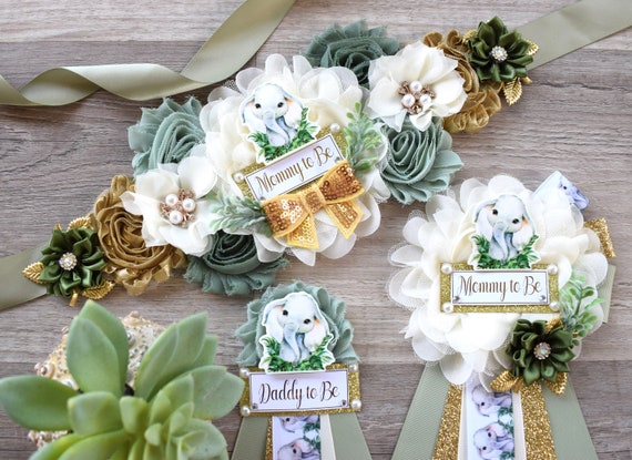 Elephant Safari Baby Shower, Sage Safari Maternity Sash, Elephant Mommy To Be Ribbon Pin, Daddy To Be Ribbon, Baby shower Gift - S0001