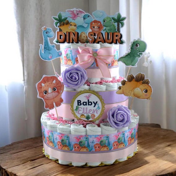 Girl Dinosaur Diaper Cake Baby Shower, 3 Tier Diaper Cake Centerpieces Decor, Dinosaur Party, Room Nursery Decor, New Mom Gifts - S00014