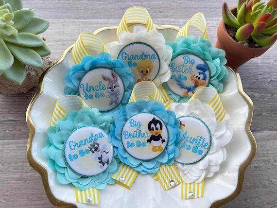 Boy Looney Baby Shower Set, Blue Aqua Yellow Maternity Sash, Mommy To Be Pin, Daddy To Be Pin, Custom Order Welcome