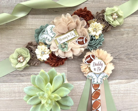 Football Baby Shower, Sport Baby Shower, Sage and Brown Maternity Sash, American Football Daddy To Be Pin, Parents Baby Shower Set