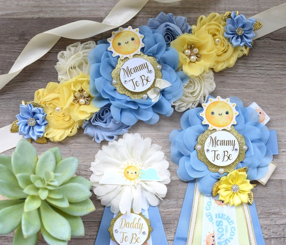 Here Come The Son Baby Shower, Neutral Yellow Ivory Maternity Sash, Mommy To Be Ribbon Badge Pin, Daddy To Be Pin, Here Come The Sun