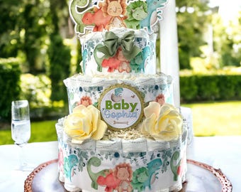 Baby Boy Dinosaur Diaper Cake Baby Shower, Centerpieces Decor, Dinosaur Party, Room Nursery Decor, New Mom Gift II 3 Tier Diaper Cake