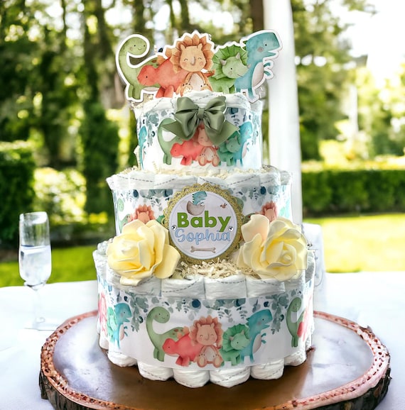 Baby Boy Dinosaur Diaper Cake Baby Shower, Centerpieces Decor, Dinosaur Party, Room Nursery Decor, New Mom Gift II 3 Tier Diaper Cake