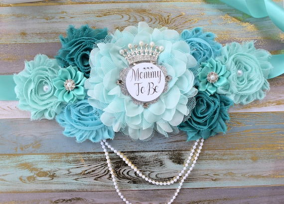 Turquoise Maternity Sash, Aqua Flower Sash, Turquoise Aqua Belly Sash, Baby Teal Shower Belly Sash, Aquamarine Mint Baby Shower, Custom Sash