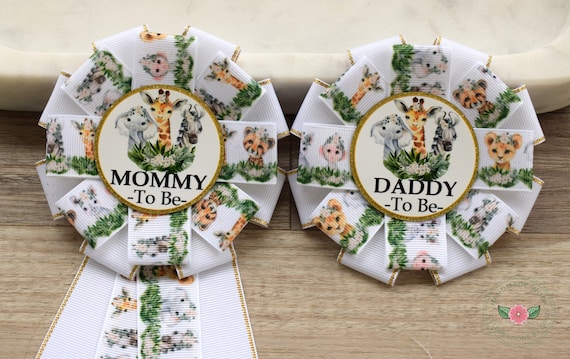 Neutral Safari Baby Shower, Jungle Safari Animal Mommy To Be Ribbon Pin, Gender Reveal Animal Daddy To Be Badge Pin