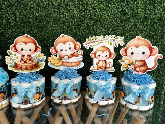 Boy Monkey Diaper Cake Baby Shower, Diaper Cake Centerpieces, Monkey Table Decor for Baby Shower, New Mom Gift II 3 Tier Cake & Mini Diapers
