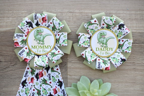 Sage Dinosaur Baby Shower, Neutral Gender Reveal Dinosaur Corsage Pin, Dinosaur Mommy to Be Ribbon Pin, Dinosaur Daddy to Be Pin