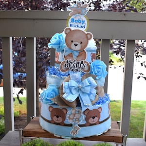 Blue Bear Diaper Cake Baby Shower, Boy Blue Teddy Bear Baby Shower Centerpieces Decorations, We Can Bearly Wait, Baby Shower Decor - S0012