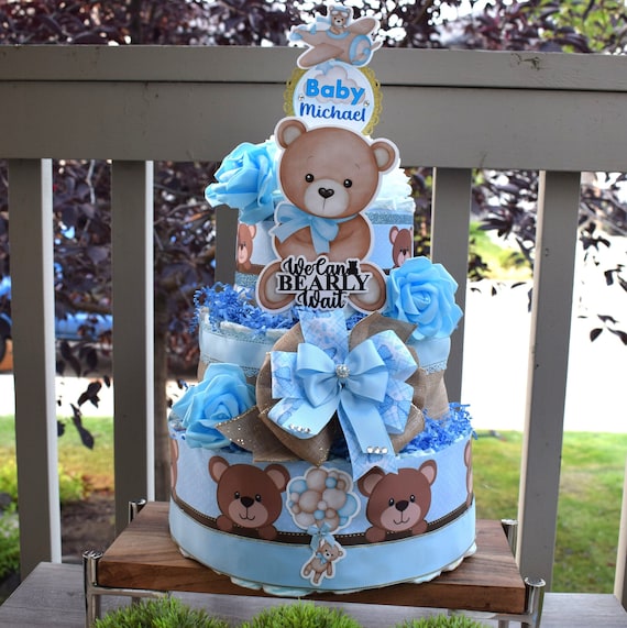 Blue Bear Diaper Cake Baby Shower, Boy Blue Teddy Bear Baby Shower Centerpieces Decorations, We Can Bearly Wait, Baby Shower Decor - S0012