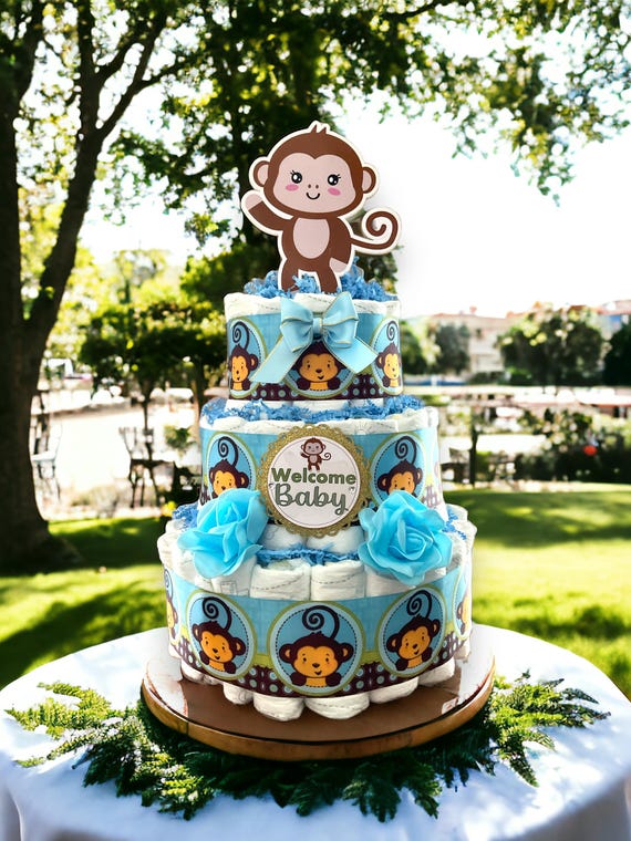 Monkey Diaper Cake Baby Shower, Blue Monkey Centerpieces Decorations, Baby Monkey, Baby Shower Decor II 3 Tier Diaper Cake