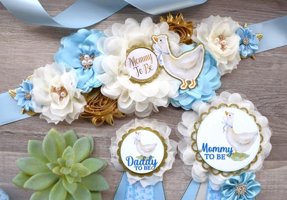 Boy Silly Goose Baby Shower, Goose Maternity Belly Sash, Ivory Blue Gold Mommy To Be Ribbon Pin, Goose Daddy To Be Pin, Family Custom Pins