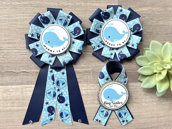 Whale Baby Shower, Mommy To Be Ribbon Pin, Daddy To Be Ribbon Pin, Parent Corsage Pin