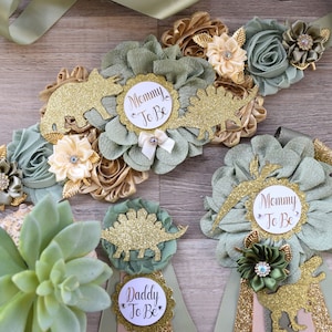 Dinosaur Baby Shower, Green Gold Flower Sash, Gold Dinosaur Animals, Greenery Gold Maternity Sash, Green Gold Dinosaur Baby Shower, Custom