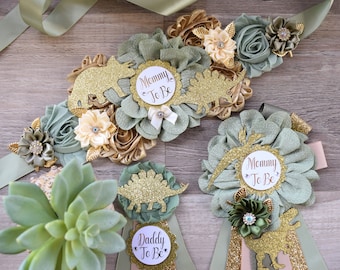 Dinosaur Baby Shower, Green Gold Flower Sash, Gold Dinosaur Animals, Greenery Gold Maternity Sash, Green Gold Dinosaur Baby Shower, Custom