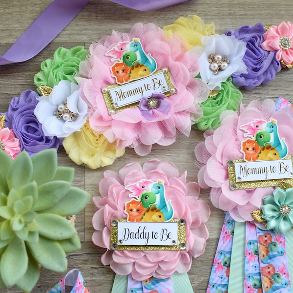 Girl Dinosaur Baby Shower, Pink Lavender Dinosaur Corsage Pin Set, Dinosaur Mommy to Be Sash, Dinosaur Mommy Daddy to Be, Dinosaur Shower