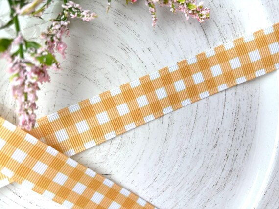 Yellow Gingham Grosgrain Ribbon, Diaper Cake Ribbon, Yellow and White Ribbon || 3 Yards of Ribbon - 1" (25mm)
