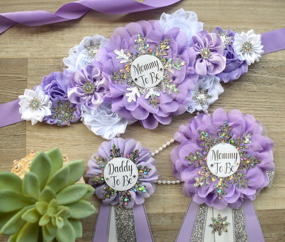 Lavender Snowflake Baby Shower, Lavender Silver Flower Sash, Lavender Silver Maternity Sash, Lavender White Sash, Mommy and Daddy To Be