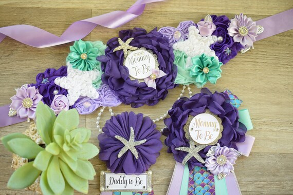 Mermaid Baby Shower, Purple Aqua Silver Maternity Sash, Mermaid Mommy To Be Pin, Daddy To Be Badge Pin, Mermaid Family Pin, Custom