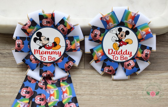Boy Mouse Multicolor Baby Shower, Blue Mommy To Be Ribbon Pin, Daddy To Be Corsage Pin, Big Sister Pin, Big Brother Pin