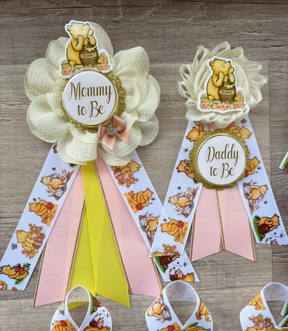 Girl Winnie The Pooh Baby Shower, Winnie the Pooh Mommy To Be Ribbon, Daddy To Be Pin, Winnie the Pooh Family Pins