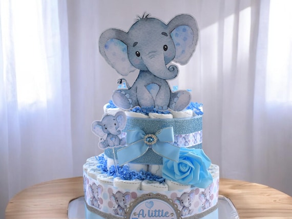 2 Tier Boy Elephant Diaper Cake Baby Shower, Boy Blue Elephant Diaper Cake Centerpieces Decor, Room Nursery Decor, New Mom Gifts - S00019