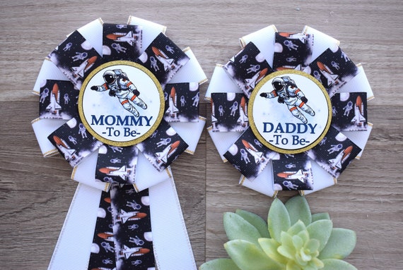 Astronaut Planets Space Baby Shower, Planet Out of Space Mommy To Be Ribbon Pin, Planets Rocket Daddy To Be Badge Pin, Baby Shower Gift