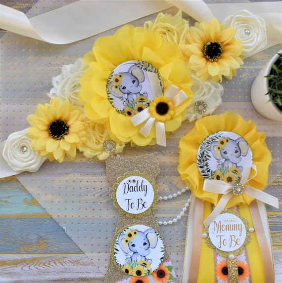 Sunflower Elephant Baby Shower, Yellow Ivory Flower Corsage Pin, Mommy To Be, Daddy To Be, Gender Reveal Sunflower Baby Shower, Sunflower