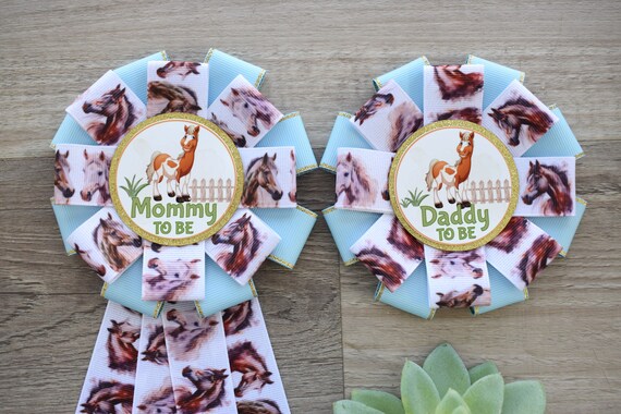 Horse Baby Shower, Boy Cowboy Mommy To Be Ribbon Pin, Daddy To Be Pin, Blue Brown Horse Corsage Pin, Parent's To Be Pin