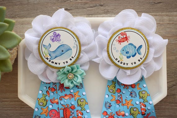 Gender Reveal Under The Sea Baby Shower, Turtle Octopus Starfish Aqua Blue Mommy To Be Ribbon Pin, Under The Sea Daddy To Be Badge