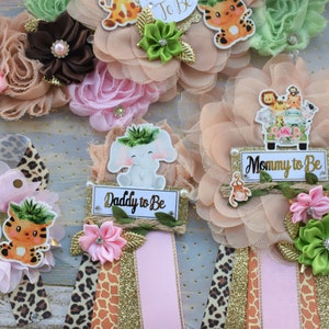 Girl Safari Jungle Maternity Sash, Pink Safari Maternity Sash, Animal Mommy To Be Ribbon, Daddy To Be Pin, Baby Shower Gift, Custom