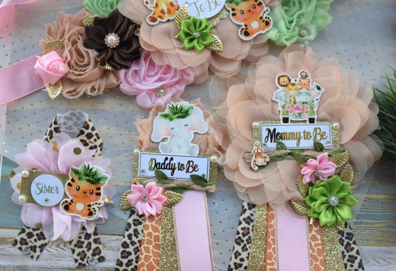 Girl Safari Jungle Maternity Sash, Pink Safari Maternity Sash, Animal Mommy To Be Ribbon, Daddy To Be Pin, Baby Shower Gift, Custom