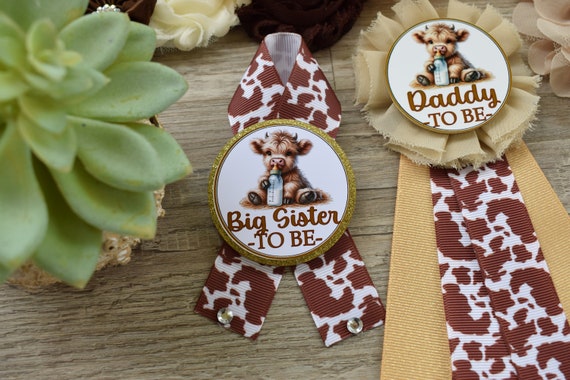 Highland Cow Baby Shower, Rustic Tan Brown Cowboy Maternity Sash, Gender Reveal Highland Mommy To Be, Daddy To Be Pin, Cow Corsage Pin