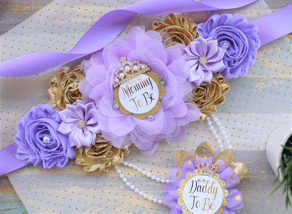 Lavender Gold Princess Flower Sash, Lavender Gold Maternity Sash, Lavender Gold Pregnant Sash, Mommy and Daddy To Be, Purple Gold Shower