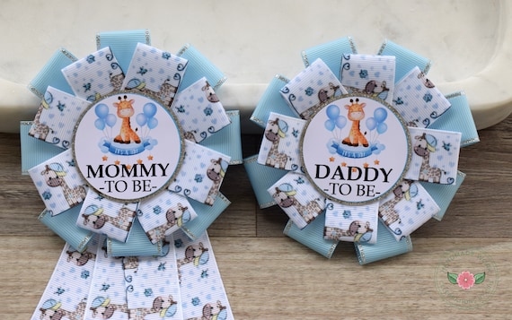 Boy Giraffe Baby Shower, Blue Giraffe Mommy To Be Ribbon Pin, Giraffe Daddy To Be Pin