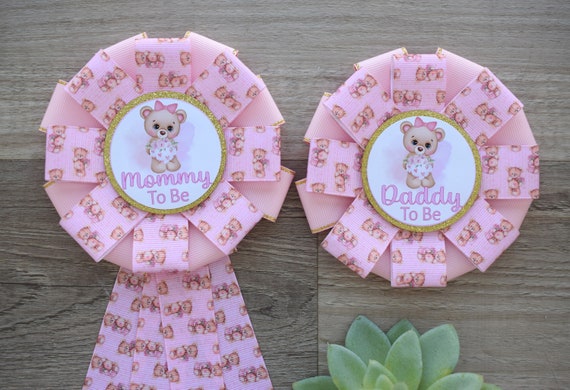 Pink Girl Teddy Bear Baby Shower, Girl Bear Mommy To Be Ribbon Pin, Teddy Bear Daddy To Be Pin, Girl Cute Bear Baby Shower