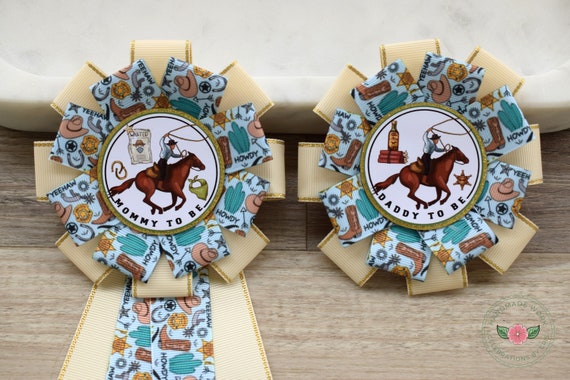 Blue Rustic Cowboy Baby Shower, Boy Cowboy Mommy To Be Ribbon Pin, Daddy To Be Pin, Blue Brown Horse Corsage Pin