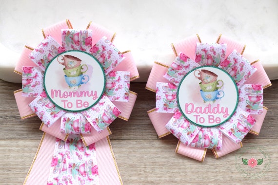 Tea Party Baby Shower, Mommy To Be Corsage Pin, Daddy To Be Badge Pin, Spring Baby Shower Pins