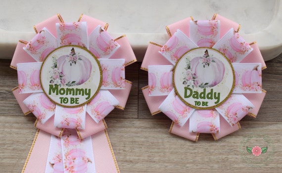 Light Pink Pumpkin Baby Shower, Girl Mommy To Be Ribbon Pin, Pumpkin Daddy To Be Pin, Big Sister Pin, Big Brother Pin