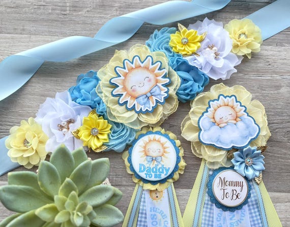 Here Come The Son Baby Shower, Neutral Yellow Ivory Maternity Sash, Mommy To Be Ribbon Badge Pin, Daddy To Be Pin, Here Come The Sun